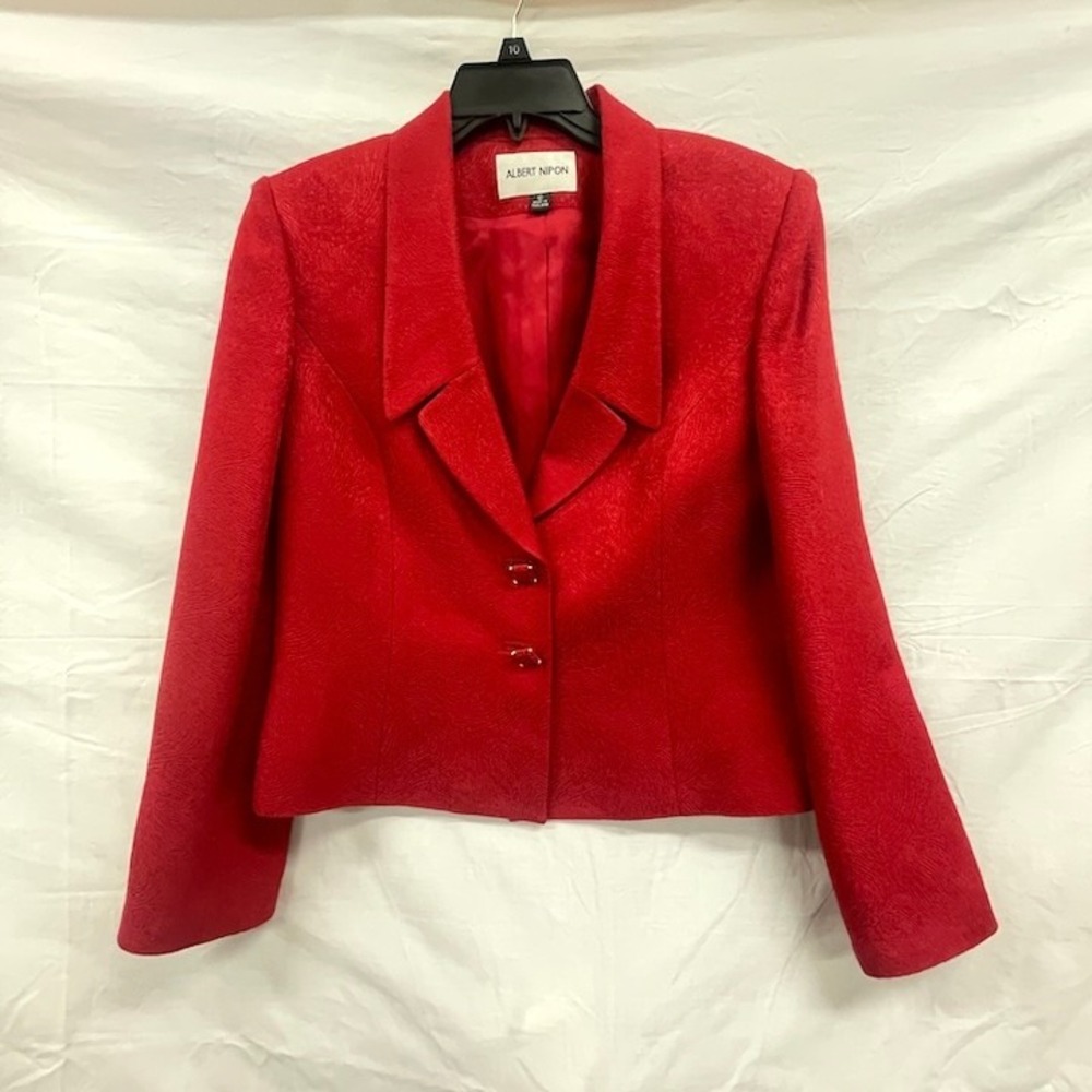 Albert Nipon Red Wool Blend Jacquard Cropped Blazer‎ Jacket Womens Size 12 Vtg